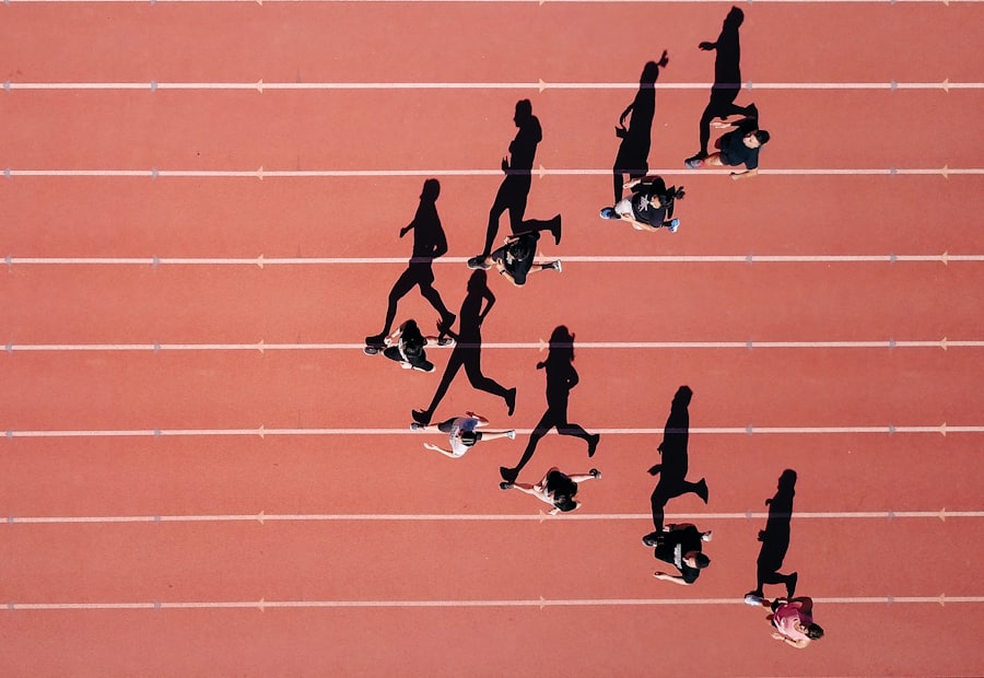 Runners on an athletics track from above